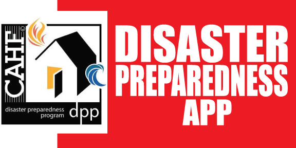 Disaster Preparedness App logo with a house with red and white background